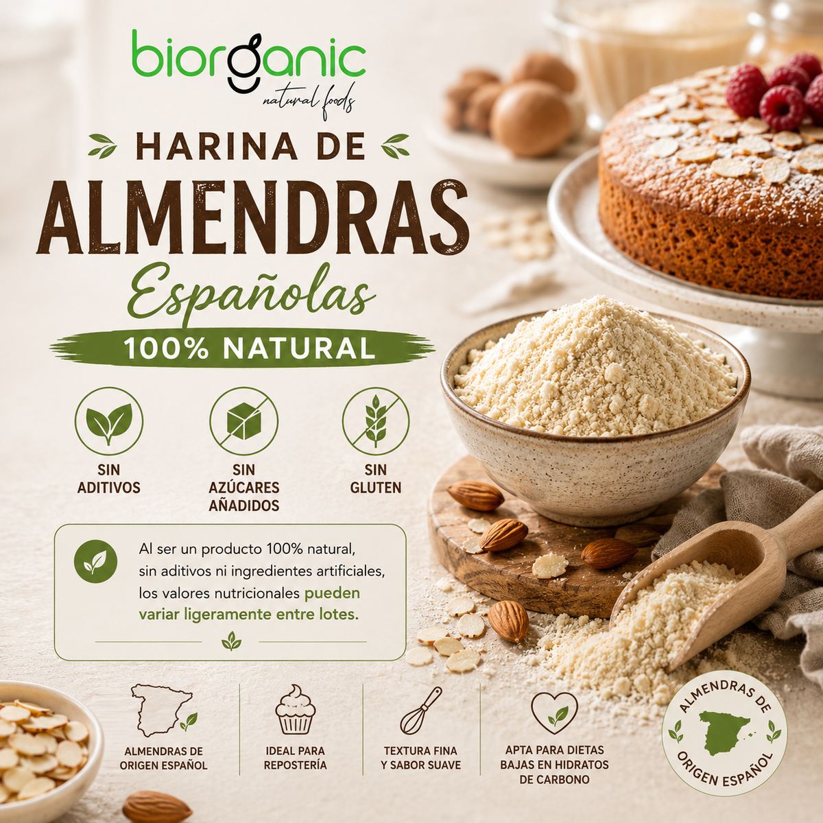 Harina de Almendra 1kg KETO, 100% natural - SIN GLUTEN - Biorganic
