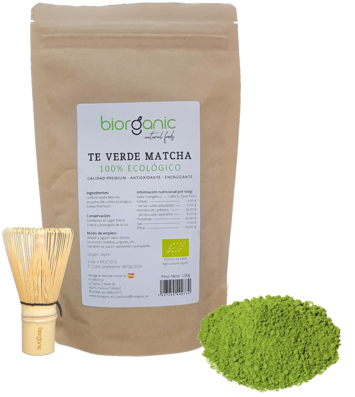 Batidor de Té verde Matcha Bambú Biorganic set2