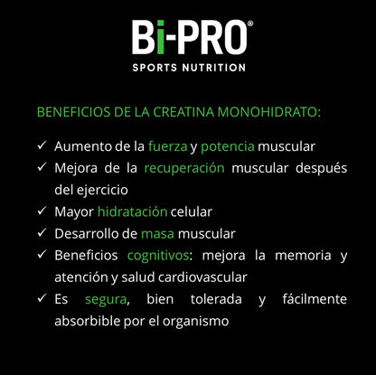 Creatina Monohidrato 200 mesh micronizada en polvo beneficios Bi-PRO