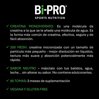 Creatina Monohidrato 200 mesh micronizada en polvo descripción Bi-PRO