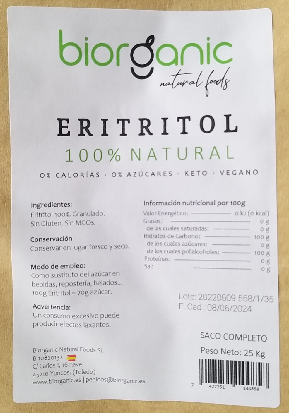 Eritritol saco 25 Kg Etiquetado